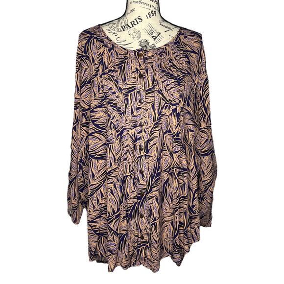 Avenue SIZE 26/28 Leaf Patterned Button Up Top Olivia Pintuck Shirt Blouse - Picture 1 of 12